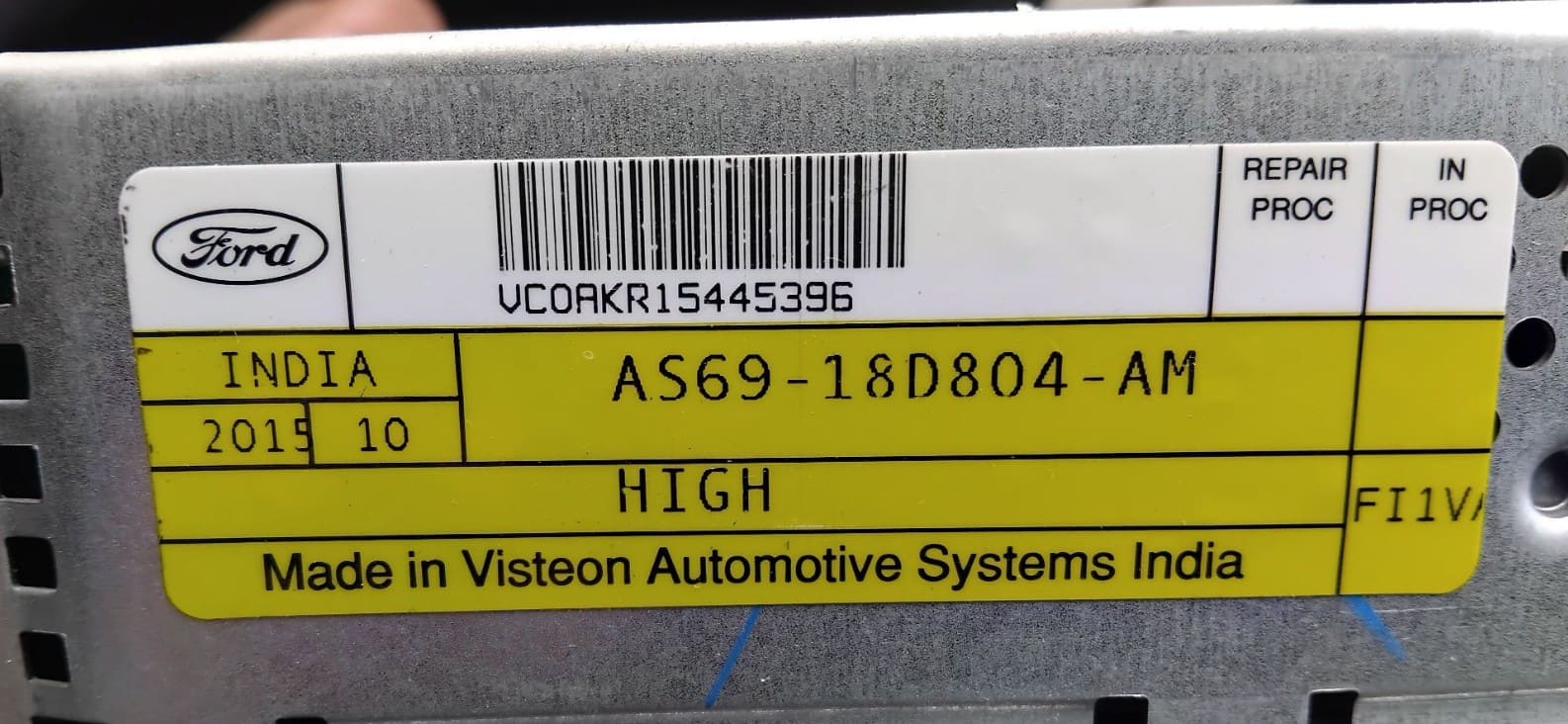 Ford FIGO radio label with VCO serial number VC0AKR15445396